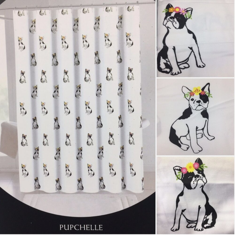 NEW Cynthia Rowley Boston Terrier Dog Shower Curtain Floral French Bulldog Black
